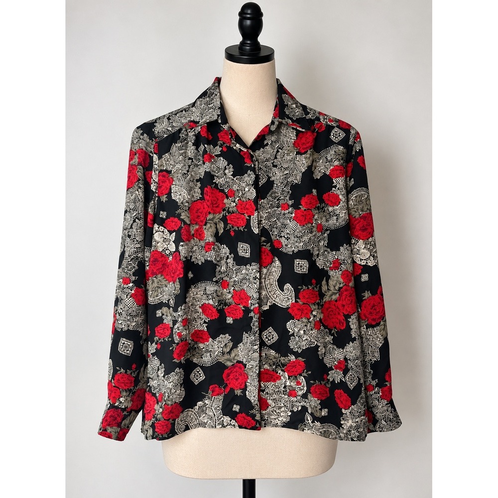 Vintage 90s Whimsygoth Dark Floral Rose Blouse Black Red Lace Print Top Size 10
